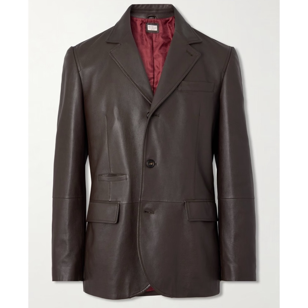 NWT Brunello Cucinelli Calf Leather Blazer Jacket Large IT 52 Men’s Coat